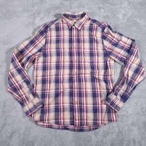 Marine‎ Layer Shirt Mens Small Red Blue Beige Plaid Button Down Flannel Cotton